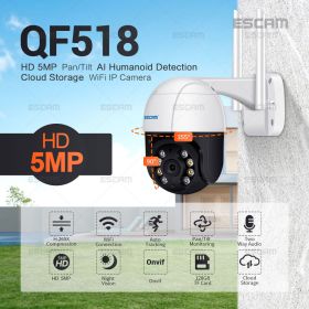 ESCAM QF518 5MP Pan/Tilt AI Humanoid Detection Auto Tracking Cloud Storage WiFi IP Camera with Two Way Audio Night Vision (Plug Type: EU Plug, Sensor Size: QF518 add 64G)