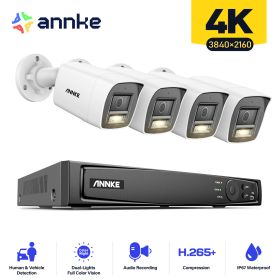 ANNKE 8MP Video Surveillance System 8CH H.265+ 4K NVR With 4PCS 4K Smart Dual Light Bullet Network Camera Built-in mic IP67 (Build-in HDD: 2T)