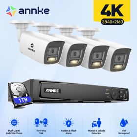 ANNKE 4K POE Video Security System Set 8MP Smart Dual-Light Bullet Network Camera Support flashing/Audio alarm 8CH 12MP NVR (Build-in HDD: 1T)